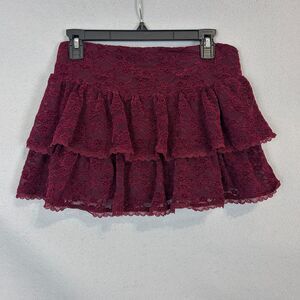 Altar'd State Camila Lace Tiered Ruffle Mini Skort M Burgundy Boho Coquette Y2K